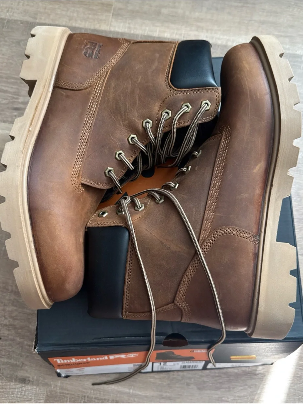 Timberland PRO Brown Leather Lace-Up Work Boots with Black Collar